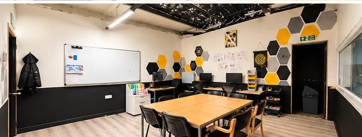 Small-group classroom with computers and whiteboard